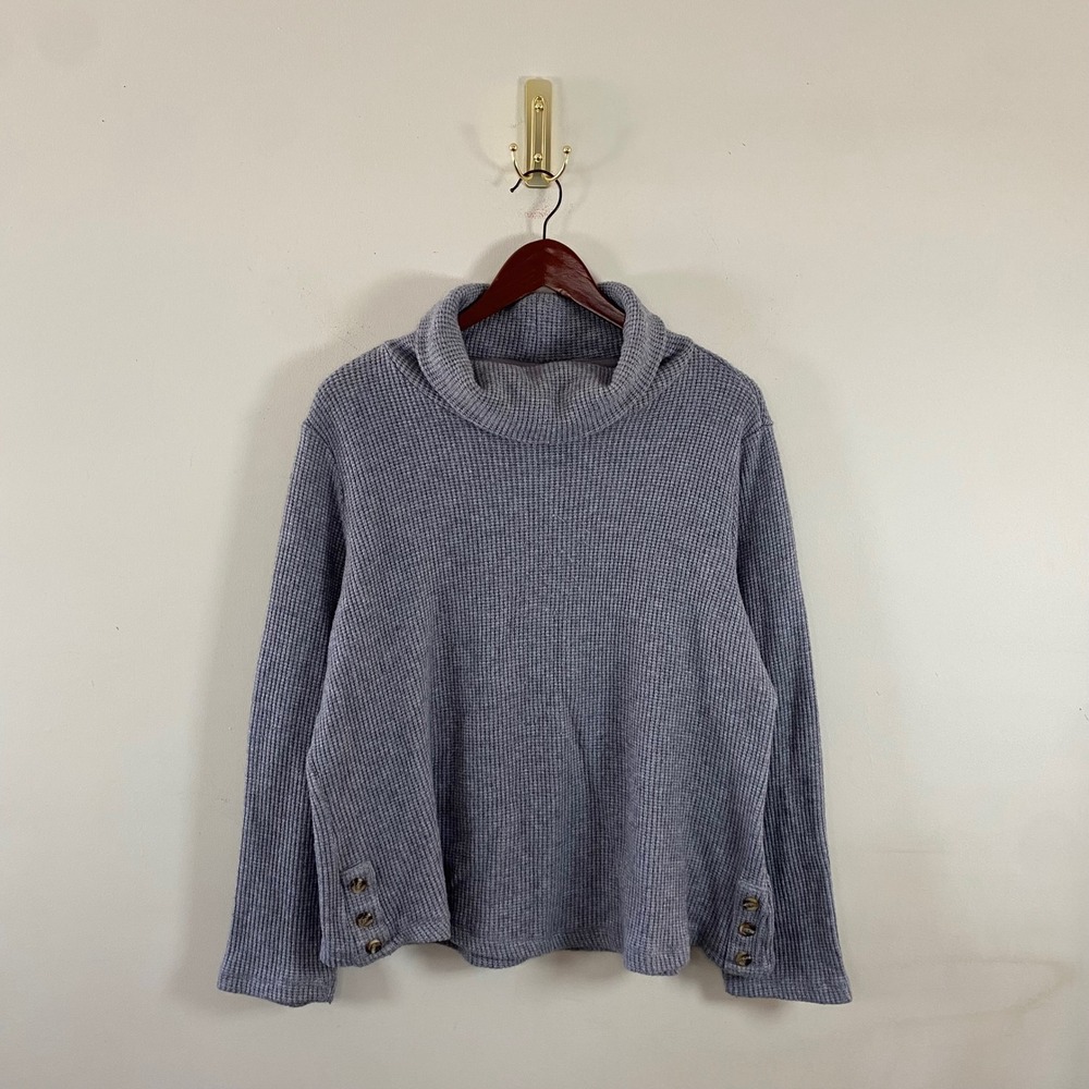 Croft & Barrow Waffle Knit Turtleneck Sweater Gray Button Details Women's XL